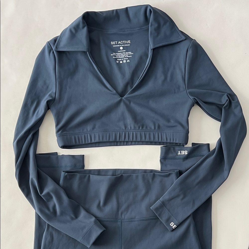 SET Active 2 Piece Luxform Workout Set - Longsleeve Bra & Leggings River Blue S - Picture 3 of 10
